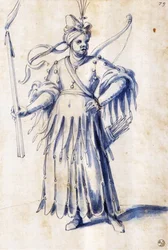 Kostümentwurf für eine weibliche Figur mit Fackel
